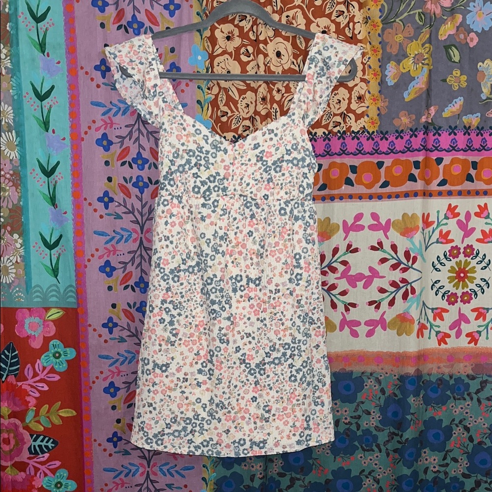 STITCH & PINE Cream Mini Dress With Blue & Pink Combo Florals Size Juniors Small